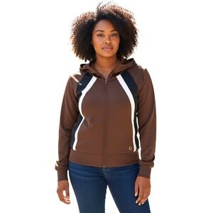 Pro Player Womens 1X Brown Colorblock Zip Up Hooded Track Jacket Wicking Stretch